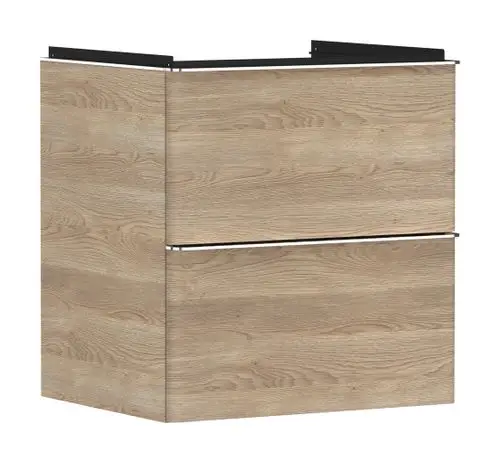 Heller Waschtischunterschrank von Hansgrohe mit zwei Schubkästen. Er besteht aus einer Holzoberfläche mit einer natürlichen Eiche-Optik und einem schlichten Design.